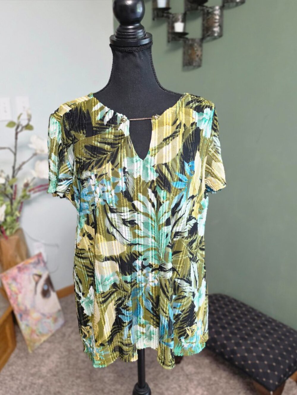 NWT Sara Michele Tropical Palm Print Plunge Keyhole Blouse XL Green Blue Gold